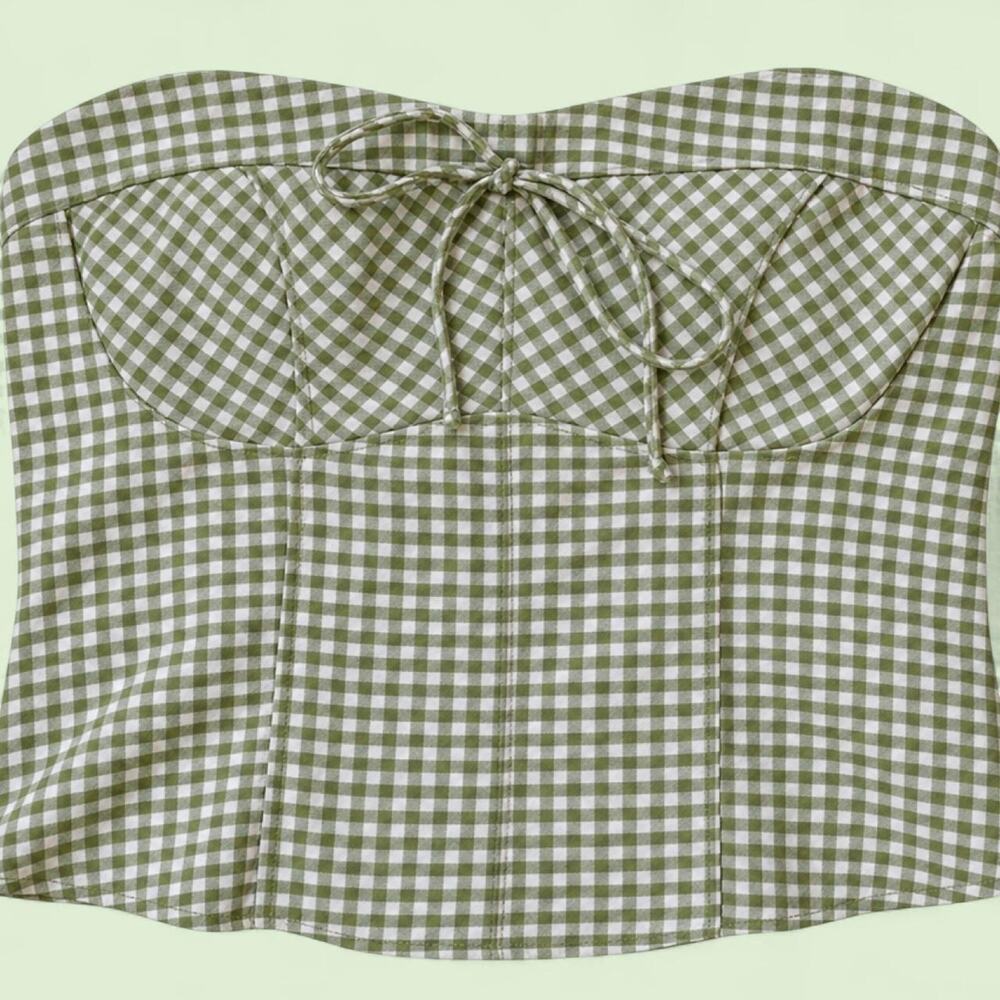 Green and White Gingham Corset Top Strapless Smocked Back Tie Front Bustier